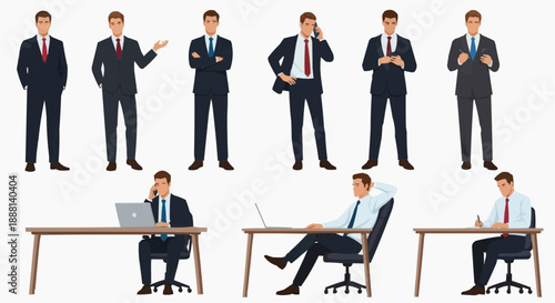 Business professional set: A collection of various poses and activities of a professional individual in different business scenarios, ideal for illustrating professional conduct.