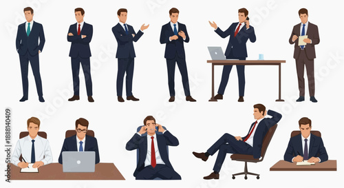 Business Professionals in Action: A series of illustrations depicts a diverse group of business professionals in various poses, from focused work to relaxed contemplation.