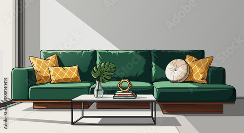 Modern living room interior features a deep green sectional sofa with vibrant yellow accent pillows and stylish decor.