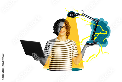 Foto Composite collage image of young man hold table lamp office worker laptop brilli