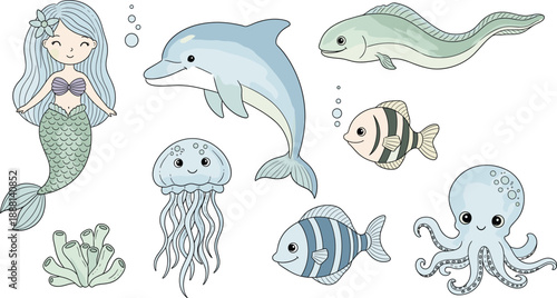 Cute Mermaid and Ocean Animals Cartoon Illustration Set Featuring Dolphin, Fish, Jellyfish, Octopus, and Sea Creatures for Kids Education and Vector Design