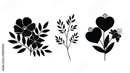 Simple black and white floral silhouettes showcase elegant botanical designs featuring three distinct flower arrangements