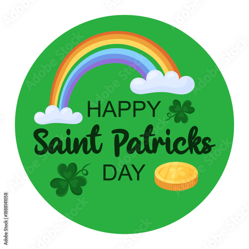 Round Saint Patricks Day web banner. Rainbow, clover leaf and gold coins on green background. Holiday greeting card. Hand drawn vector illustration.