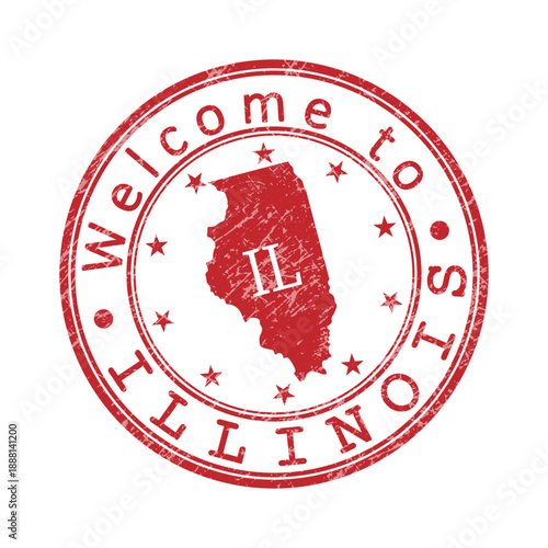 Welcome to Illinois. A worn stamp with a silhouette of the state and an abbreviated designation. Print impression, a template for creative design