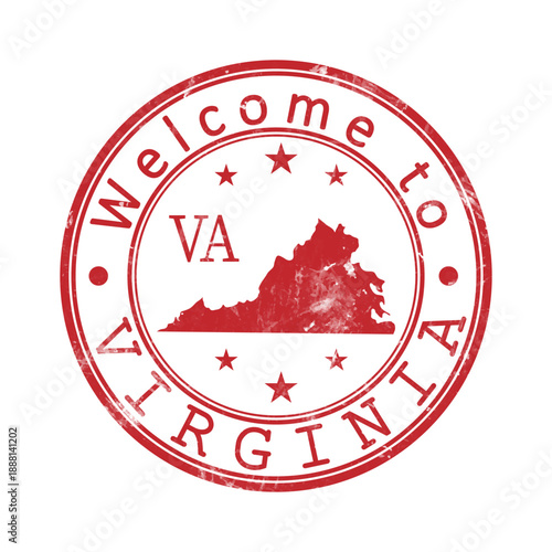 Welcome to Virginia. A worn stamp with a silhouette of the state and an abbreviated designation. Print impression, a template for creative design