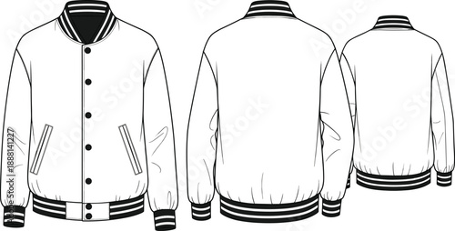 Varsity jacket front and back technical sketch, vector illustration, editable design, isolated fashion garment construction symbol