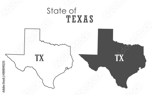 Texas. The outline and silhouette of the state with the abbreviated abbreviation of the name. The state border. A template for the design of printed products