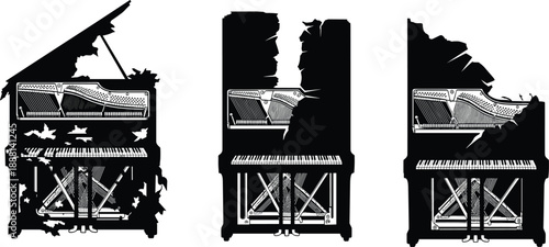 Abandoned urban city silhouette with ruined buildings, water reflection, flying birds, post apocalyptic skyline illustration in black and white style