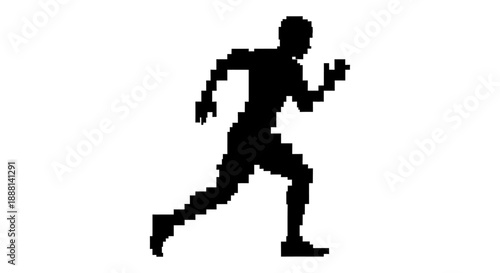 pixelated runner silhouette graphic depicting a dynamic person sprinting forward on a clean white background ideal for game design and health apps.