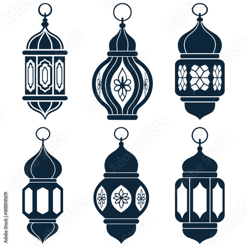 Eid Festival, Islamic Decorative and Ramadan Decorative Lantern Silhouette Vector Icon Design. Classic Metal Lantern, Arabic Lantern and Moroccan Lantern Vector Art Design.