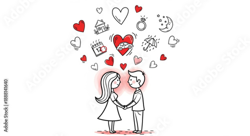 Couple Holding Hands With Hearts Floating Above.