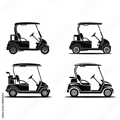 Four black golf carts with canopies in different orientations