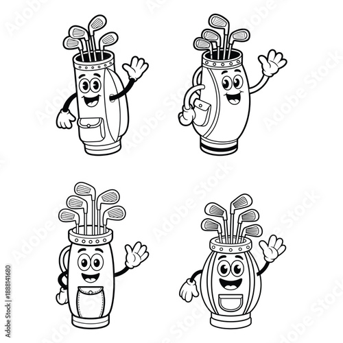 Four Animated Golf Bags with Faces and Golf Clubs cartoon