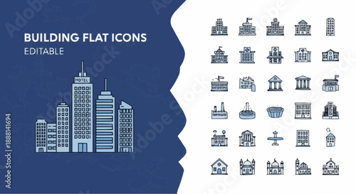 Collection of editable flat building icons in various architectural styles