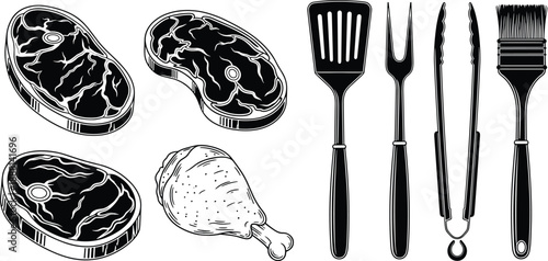 Vintage BBQ Grilling Set with Raw Beef Steaks and Chicken Drumstick Vector Illustration Isolated on White Background for Barbecue Menu and Restaurant Meat Branding