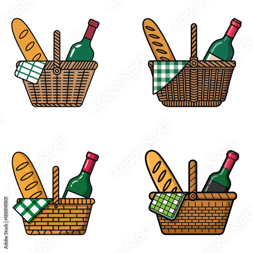 Four Wicker Baskets with Bread and Wine Bottles green and white checkered cloth