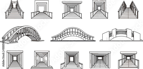 Bridge icon set with pedestrian, arched, and tunnel styles, vector illustration, editable design, isolated architectural structure symbols
