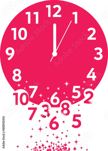 Pink clock face with numbers falling off, symbolizing passing time and fading moments, abstract concept