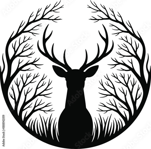 Stag silhouette framed by intricate bare tree branches within a circular evoking a sense of winter forest tranquility and natural artistry