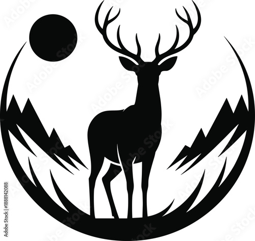 Stag silhouette standing proudly against a backdrop of sharp mountain peaks and a full moon within a circular emblem