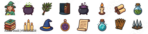 Collection of cute cartoon witchcraft and wizardry icons including a witch, cauldron, potion, hat, spellbook, candle, and pentagram amulet for fantasy roleplaying games