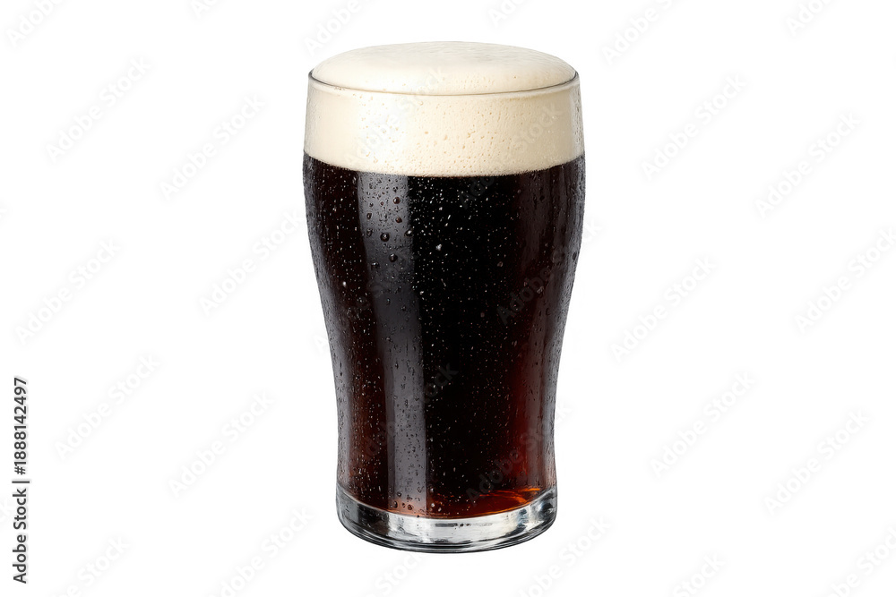 Obraz premium Dark stout beer filling pint glass with foamy head and condensation, offering cold refreshment and craft beverage taste