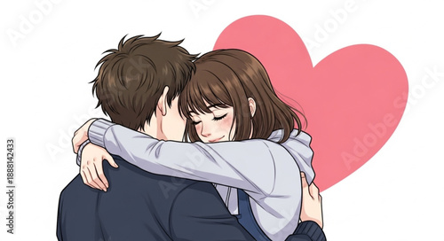 Couple Embracing With Heart Symbol Romantic Love Illustration.