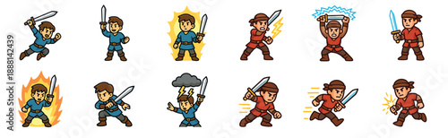 Set of cartoon fantasy warrior game characters with swords, illustrated in a cute 2D style showing various action poses like attacking, running, jumping, and casting magic spells