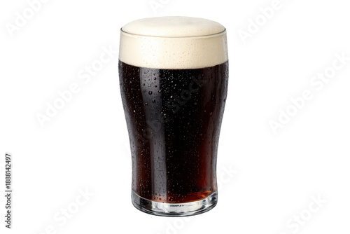Dark stout beer filling pint glass with foamy head and condensation, offering cold refreshment and craft beverage taste