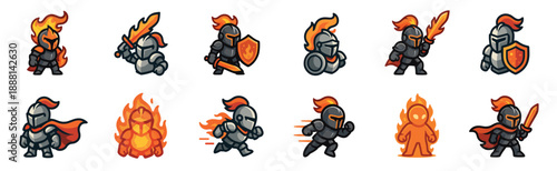 Collection of chibi knight game character sprites in various action poses, featuring medieval warriors with flaming swords, fiery shields, and full armor for a fantasy RPG