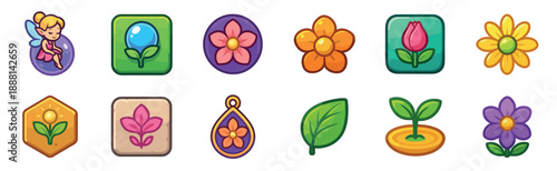 Vibrant collection of cute cartoon icons for a fantasy or nature-themed game, showcasing a fairy, colorful flowers, sprouts, and a leaf in a glossy, playful style