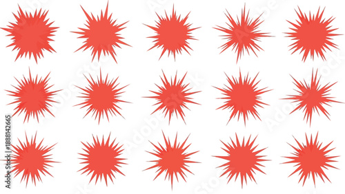 A grid of vibrant red starburst shapes dominates this image showcasing a repeating pattern of pointed designs