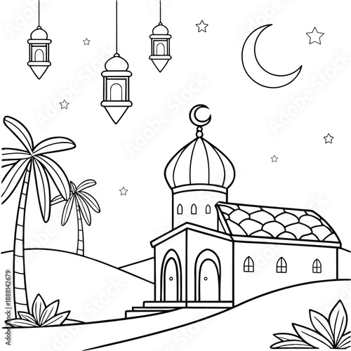 Ramadan activity book coloring page- Night Landscape Palm trees moon stars Black and White outline