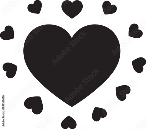 Black Heart Surrounded by Small Hearts in Circular Pattern Isolated on White Vector Graphic