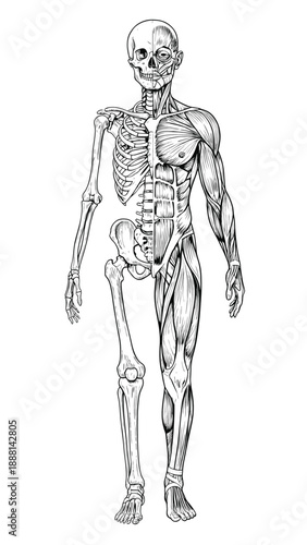 Detailed human anatomy illustration displaying half skeleton and half muscular system. Black and white medical line art ideal for anatomy education, biology textbooks, fitness, healthcare, and scienti