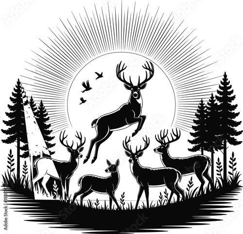 Stylized black and white of a deer herd in a forest clearing with a radiant sunburst and flying birds