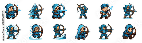 Set of cartoon winter archer characters in blue hooded outfits aiming their bows, a collection of fantasy game assets with various poses and magical ice elemental effects