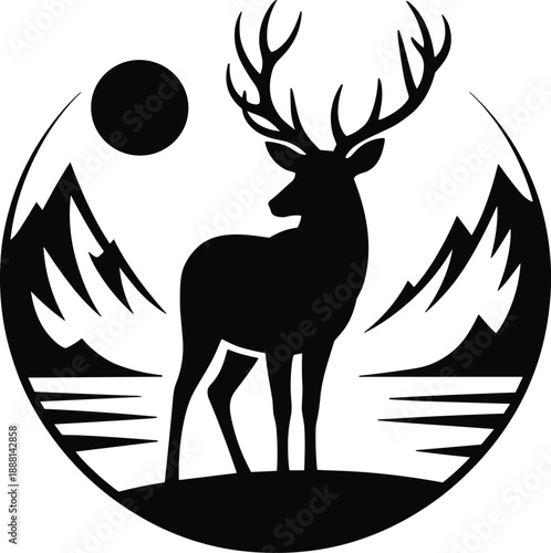 Stylized black silhouette of a deer with large antlers standing near water and mountains under a circular sun or moon