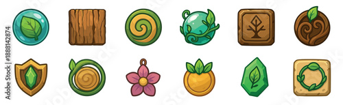 Collection of fantasy nature-themed game icons featuring leaves, wood, gems, and magical symbols, a colorful 2D asset pack for RPG user interface or inventory design