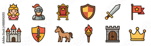 Collection of medieval fairytale icons featuring a princess, knight, castle, sword, shield, throne, crown, and horse in a colorful flat cartoon vector illustration style