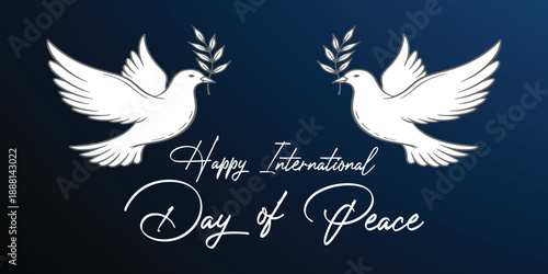 Elegant International Day of Peace banner with dove illustration and refined typography. Ideal for official greetings, organizations, social media, and peace events.