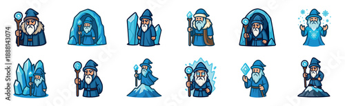 Set of cartoon ice wizard character illustrations in various poses with magical staffs and frost spells, a fantasy sorcerer mascot collection for games or stickers