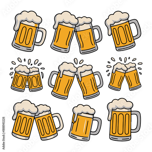 Seamless vector pattern with beer mugs and cold lager glasses featuring foam and vintage pub icons for an Oktoberfest bar menu or party background design