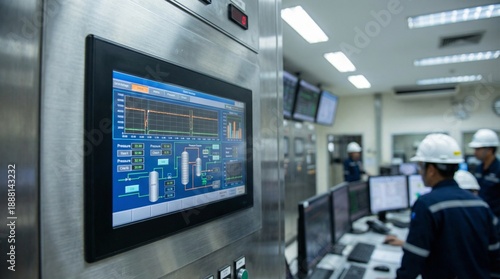 Control room with digital display and technicians monitoring system  