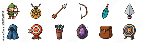 Collection of fantasy role-playing game icons featuring an elf archer, bow, arrow, target, magic amulet, and other adventure items in a cartoon vector style