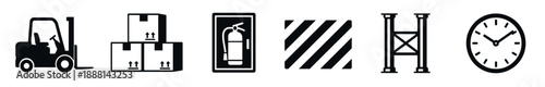 Warehouse and logistics black icon set featuring a forklift, stacked boxes, fire extinguisher, hazard stripes, pallet racking, and a clock for supply chain concepts