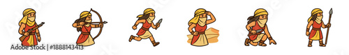 Set of six cartoon female desert warrior characters in various action poses, aiming a bow, running with a dagger, crouching, and holding a spear and rifle