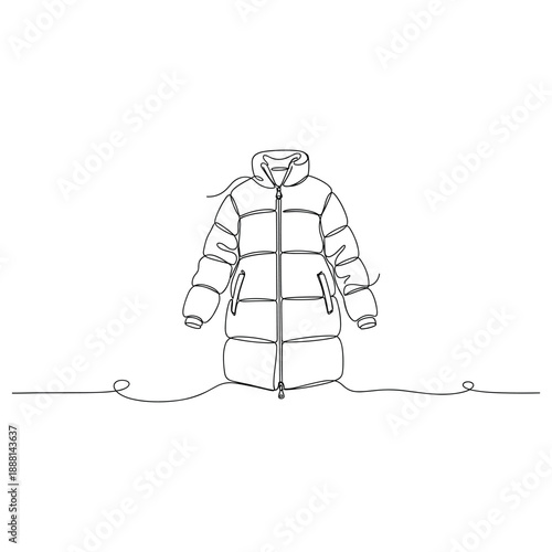 Minimalist line art of long puffer jacket with hood and zipper. Non editable stroke