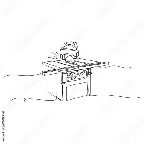 Continuous line drawing of a table saw and jigsaw combination in action. Non editable stroke