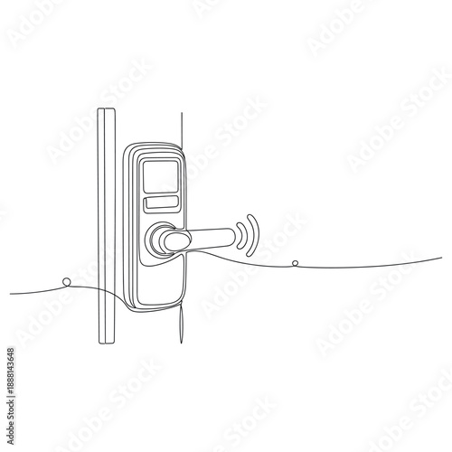 Smart door lock with wireless access technology in minimalist line art design. Non editable stroke